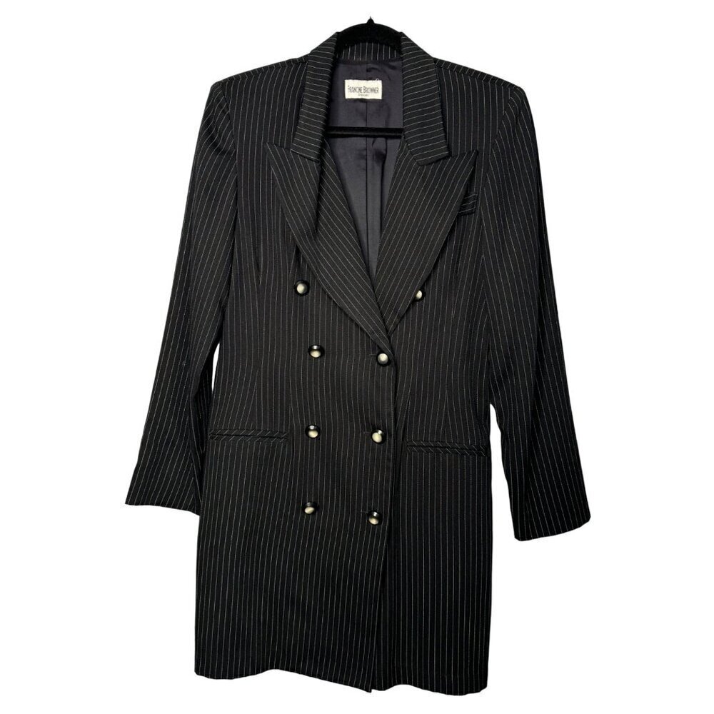 VTG Francine Browner Double Breasted Coat Dress SZ M? Black Pin-Striped 90s